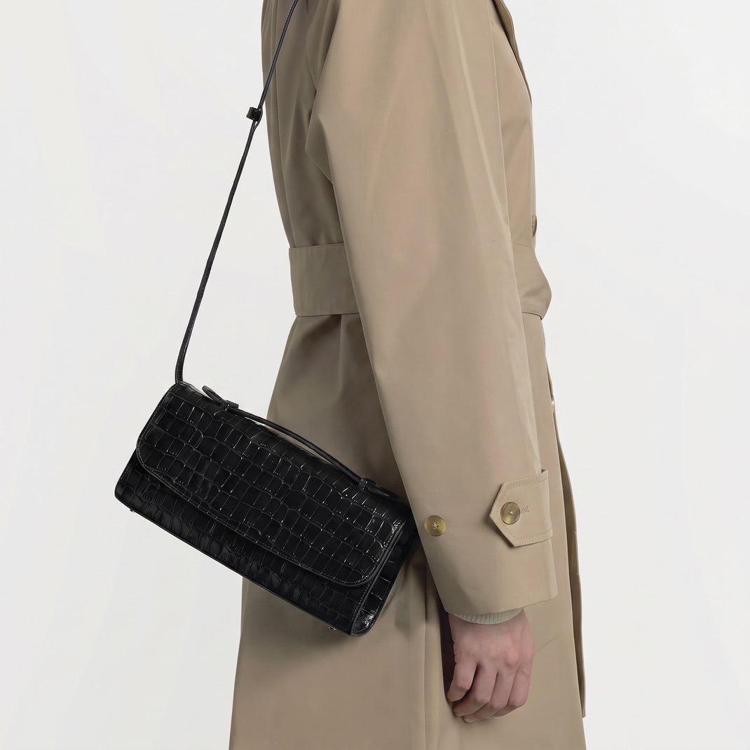 Margot Top Handle Clutch Black Croc