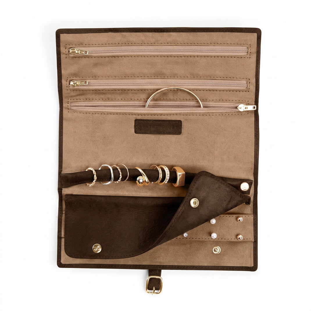 Buckled Jewelry Roll Tobacco Suede
