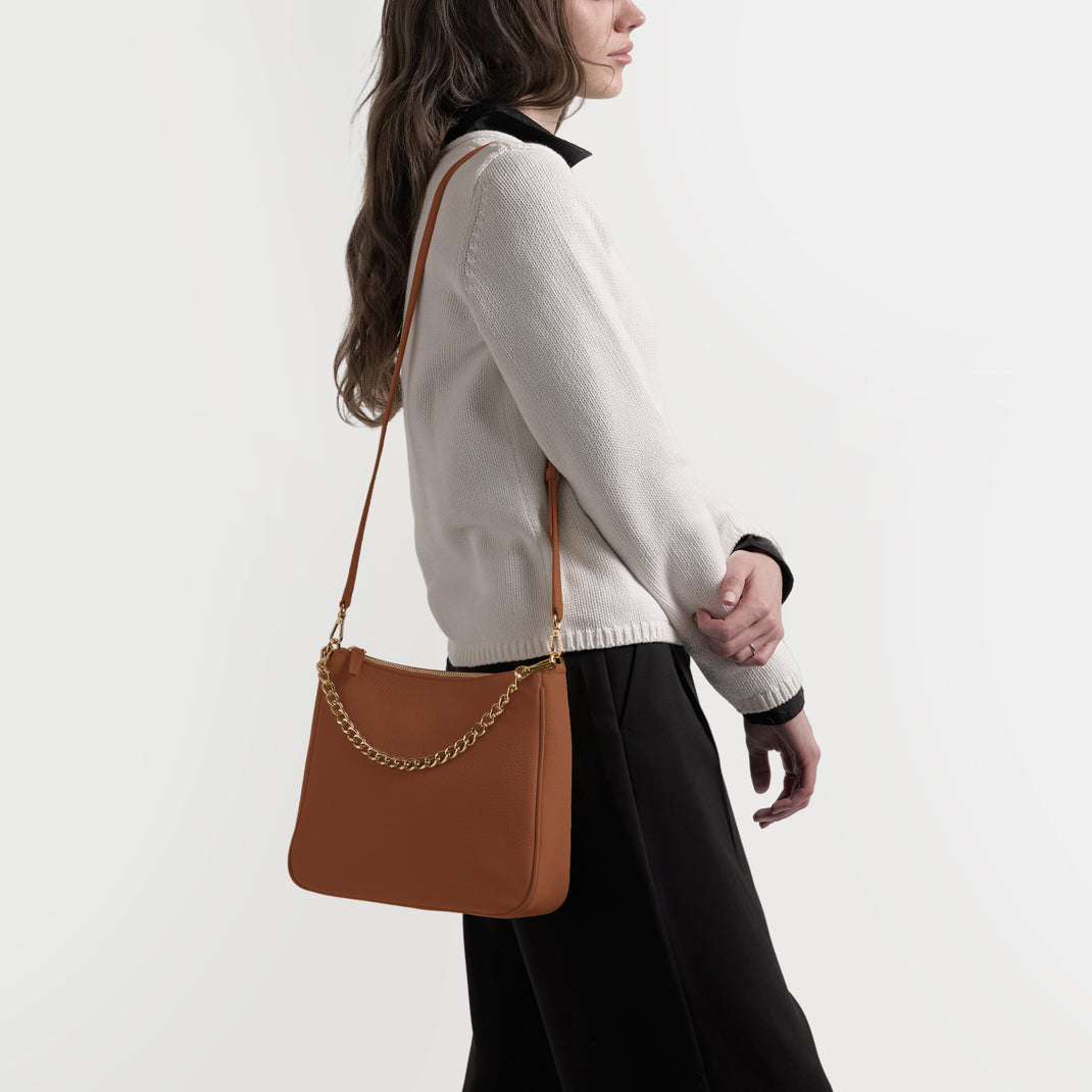 Greta Chain Medium Crossbody Saddle Brown